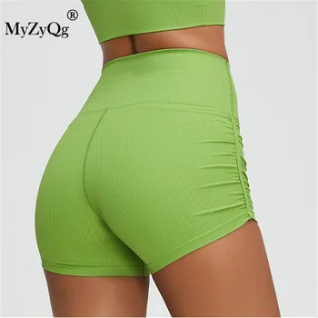 MyZyQg Женские плиссированные шорты для йоги, обтягивающие бедра, леггинсы для бега и фитнеса, женские брюки для упражнений с высокой талией, облегающие живот.