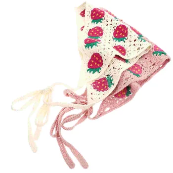 Декоративная повязка на голову, связанная крючком, треугольный шарф для волос, повязки на голову для девочек, милая бандана для волос (клубничный узор), 2 шт.