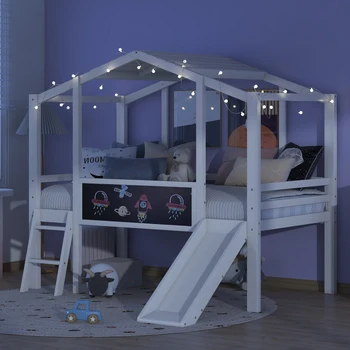 Белая Двуспальная кровать-чердак с лестницей и горкой, Домашняя кровать с Классной доской и световой лентой на крыше, для мебели спальни
