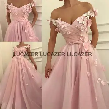Розовое платье для выпускного вечера трапециевидной формы с открытыми плечами, 3D Цветочные цветы, тюль, длина до пола, вечернее платье для выпускного вечера, Robes De Soirée
