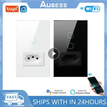 Aubess Tuya WiFi Switch & Socket Стандарт Бразилии 4X2 Стеклянная панель 1/2 Кнопки Умный выключатель света Работает с Alexa Google Home