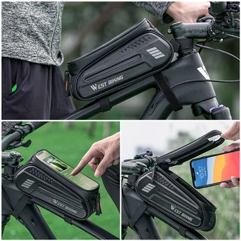 WEST BIKING, 1,5-литровая велосипедная сумка на верхней раме, 7-дюймовый чехол для телефона с сенсорным экраном, водонепроницаемый с отверстием для наушников, велосипедная сумка для переноски