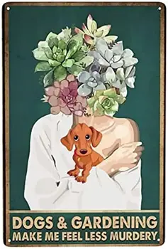Мясистая девушка, обнимающая собаку Металлический логотип Собака и садоводство Забавное Украшение стен дома Комната Сад во внутреннем дворе Жестяной логотип