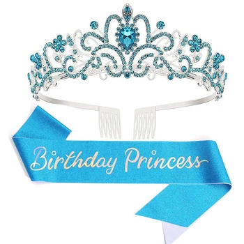 Тиара для именинницы, Корона принцессы с поясом на День рождения для женщин, Принадлежности для вечеринки с Днем рождения, Синий