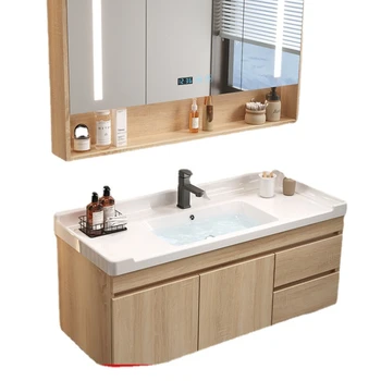Легкая, роскошная, из массива дерева, встроенная Керамическая раковина, шкаф для ванной Комнаты, столик для ванной комнаты, набор шкафов для умывания ручной стирки