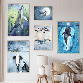 Скандинавский акварельный плакат с мультяшным китом, морскими животными, печать на холсте, настенные рисунки для гостиной, детский домашний декор