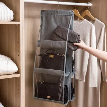 Подвесная сумка-органайзер с 6 карманами для гардероба, Серая водонепроницаемая сумка для хранения, прозрачная дверная стенка, сумка для хранения вещей с вешалкой