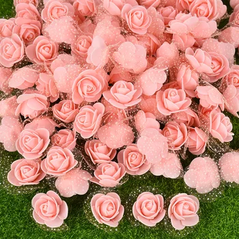 100шт Мини-головка розы из пенополиуретана с кружевом, Свадебное украшение для дома на День Святого Валентина, искусственные цветы ручной работы, шар, Розовый медведь, поделка