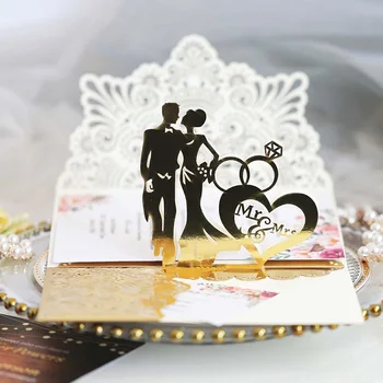 50шт. Вырезанные лазером Пригласительные открытки для жениха и невесты на свадьбу, 3D-поздравительная открытка с бриллиантовым кольцом в три раза, принадлежности для свадебной вечеринки