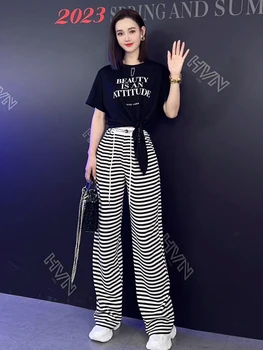 Комплект из 2 предметов, Летние женские брюки в полоску, комплект уличной одежды Harajuku, брюки с коротким рукавом 2023, укороченные топы, футболка