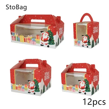 StoBag12pcs Рождественская Новая Коробка для Кексов Прозрачная Упаковка Подарочная Выпечка Торта Ручной Работы Санта Клаус Детские Праздничные Принадлежности для вечеринок