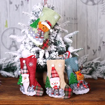 Рождественские украшения Чулки Санта Клауса Клетчатые льняные чулки для кукол Украшения для рождественской елки Рождественский подарочный пакет
