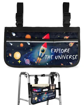 Space Universe Planet Rocket Сумка для инвалидной коляски с карманами, подлокотники, боковые сумки, Прогулочная рама для электрического скутера, сумка для хранения