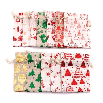 Рождественский Бронзовый хлопчатобумажный льняной мешочек С небольшой печатью Для упаковки конфет Подарочная сумка для хранения на шнурке