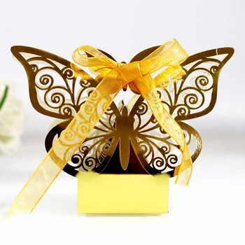 5 шт., полая коробка для шоколадных конфет, Золотая бабочка, Упаковочные коробки Оптом с лентами, упаковка сувениров для свадебной вечеринки.