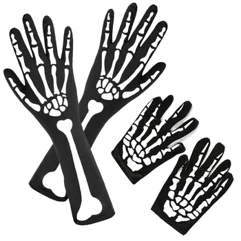 2 пары перчаток-скелетов на Хэллоуин с рукавом-скелетом на руку, перчатки-скелеты на руку с длинными пальцами, для детей и взрослых