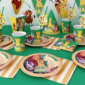 Украшения Simba Party в стиле Льва Для празднования Дня рождения Включают скатерти с баннерами, бумажные стаканчики, тарелки, салфетки для детского душа