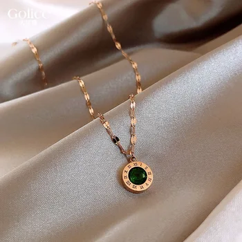Роскошное ожерелье с римскими цифрами из зеленого хрусталя из титановой стали для женщин, модное женское ожерелье-цепочка для ключиц из нержавеющей стали