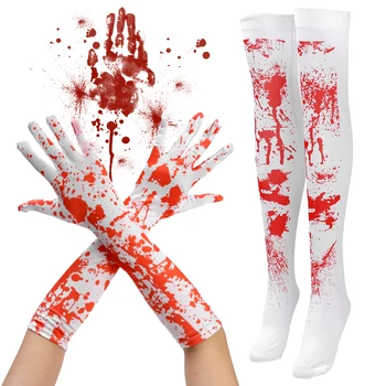 1 Пара окровавленных перчаток на Хэллоуин, Окровавленные высокие носки, Страшные женские украшения для вечеринки в честь Хэллоуина, реквизит для ужасных следов крови