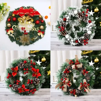 Рождественский венок из ротанга 30 см, рождественские украшения для домашнего декора дверей, подвесной венок, сосновая шишка, гирлянда из искусственных цветов.