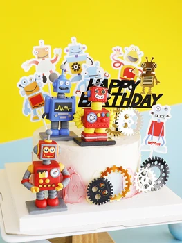 Принадлежности для украшения торта-робота, Красно-синяя тема, Топпер для торта на день рождения для мальчиков, вставка с Днем рождения, кукла, Мультяшные украшения-роботы