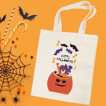 Макет сумки Happy Halloween из натурального холста, персонализированные сумки Spooky Halloween из холста, сумки для подарков на Хэллоуин, подарочные пакеты для подарков