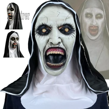 Латексная маска The Horror Scary Nun с платком Valak для косплея на Хэллоуин, маски для лица с головным убором