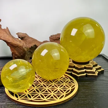 Натуральный цитрин, кварцевый шар, лимонно-желтый желеобразный корпус с радужным светом шестиконечной звезды, оригинальная полировка камня