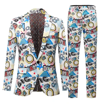 Новый мужской модный костюм праздничное пальто Повседневный приталенный блейзер на пуговицах С 3D цветочным принтом Блейзеры Куртка Мужская синяя 2ШТ