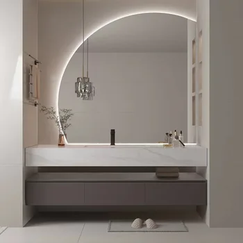 Каменная плита, Встроенное Полукруглое зеркало, шкаф для ванной Комнаты, Умывальник, Комбинация шкафов для умывания