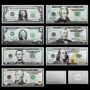 Серебряные Банкноты в Долларах США 1 2 5 10 20 50 100 Банкнот UNC Notes PET Material Craft Collection Американский Стиль 7 шт./компл. Оптом