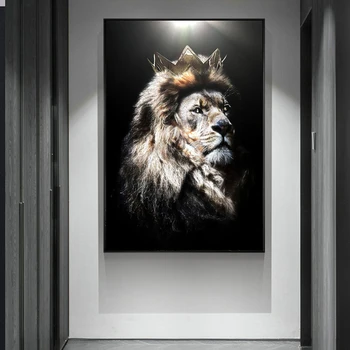 Современное искусство животных Голова льва с короной, картины на холсте, плакаты и принты, настенные рисунки для декора гостиной (без рамки)