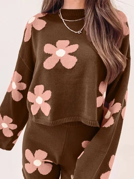 Женский комплект одежды из двух предметов, свитер с длинным рукавом, топы и шорты с цветочным принтом, одежда для отдыха