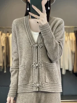100% Австралийская мериносовая шерсть, осенне-зимний женский свитер с вышивкой ручной работы, кардиган из кашемира Qinghe с длинным рукавом