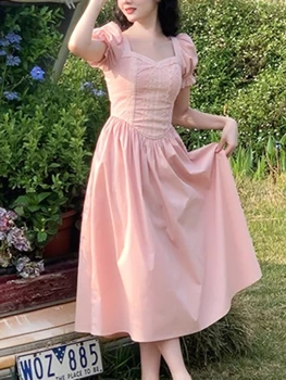 Французское Винтажное Розовое платье, женское повседневное Элегантное Тонкое платье Миди, Кружевное Милое Вечернее цельное платье Корейского дизайна 2023, лето