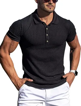 Новая летняя мужская однотонная полосатая спортивная эластичная рубашка поло с короткими рукавами для фитнеса, мужская модная мужская рубашка с отворотом