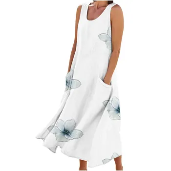 Женское Элегантное Повседневное длинное платье с круглым вырезом и карманами с принтом, повседневное платье на бретелях, женские летние платья в повседневном стиле