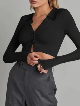 Женская сексуальная укороченная рубашка на пуговицах спереди, длинный рукав, квадратный вырез, облегающий укороченный топ, базовая футболка, уличная одежда