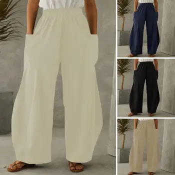 Женские брюки с эластичным поясом и высокой талией, карманы Длиной до щиколоток, Тонкие повседневные широкие брюки большого размера, длинные брюки с длинными штанинами