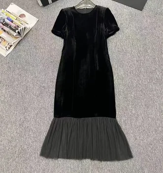 Высококачественное Новое женское платье для осенней вечеринки 2023 года, шелковое бархатное тюлевое сетчатое платье в стиле пэчворк с коротким рукавом Миди, черное платье-русалка XL