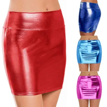 Женская блестящая металлическая жидкая сексуальная мини-юбка с запахом металлического цвета