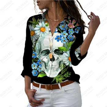 Летняя новая женская рубашка с 3D принтом черепа и цветка, женская рубашка в готическом стиле, готическая женская рубашка, модный тренд, женская рубашка