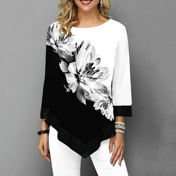 Элегантная женская блузка-рубашка, пуловер в стиле пэчворк, Топы с длинным рукавом и круглым вырезом, Женская блузка с принтом, Повседневная Свободная женская футболка