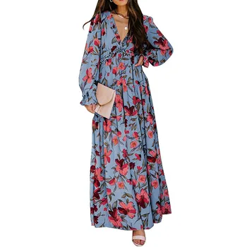 Женские длинные платья, модное богемное платье с цветочным принтом, завышенной талией, длинным рукавом, струящееся платье