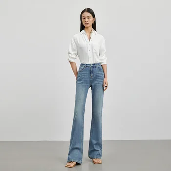Женские джинсы высокого класса с микро-расклешенными краями, весна 2023, новые облегающие брюки mop в стиле ретро с высокой талией и необработанным краем.
