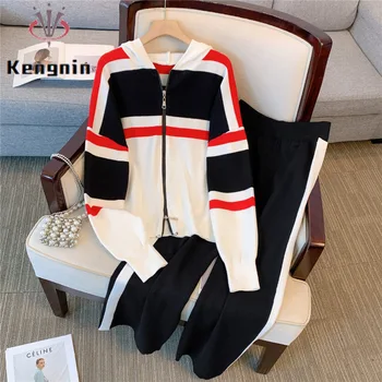 Свободные женские комплекты из двух предметов, осенне-зимняя одежда, повседневный вязаный тонкий свитер, куртка на молнии + Широкие брюки с эластичной резинкой на талии KE3600
