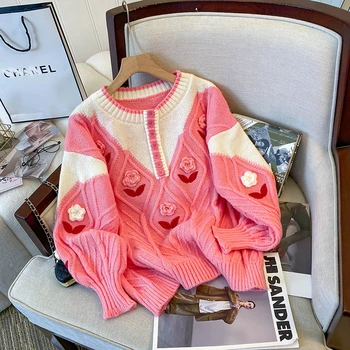 Осенний Корейский Свободный пуловер с цветочным рисунком, женский модный свитер контрастного цвета, однобортный шикарный Женский вязаный топ с круглым вырезом