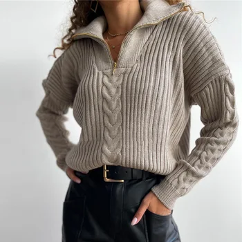 Осенне-зимний модный Новый женский свитер с закрученными лацканами, свободный повседневный Универсальный однотонный вязаный пуловер Поло с воротником на молнии.