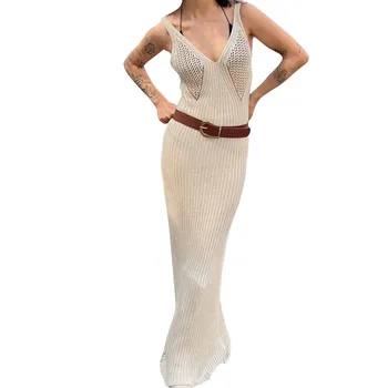 Женское длинное платье без рукавов с V образным вырезом и открытой спиной на трикотажном ремешке с вырезами