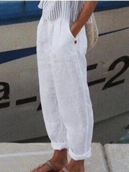 Женские весенне-летние свободные брюки Оверсайз, однотонные белые брюки для отдыха с эластичной резинкой на талии, хлопковые льняные брюки pantalones de playa mujer